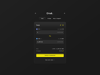 Swapping tokens on Crud. app blockchain dark mode design swap tokens ui ux web3