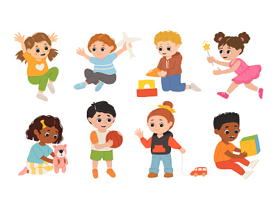 Children playing with toys cartoon character child children concept cute design flat games illustration kids playing set vector