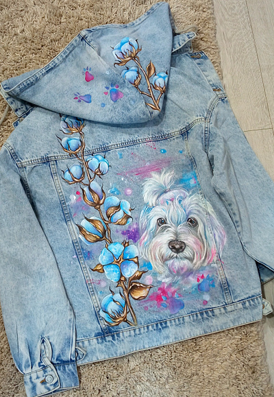 Hand-painted denim jacket, branch cotton with dog portrait denim design dog fashion han hand painted handmade jacket paint painting portrait style