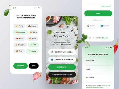 Recipe App Welcome & Register Screen app design apps cooking app design food food app healthy ios mobile app recipe recipe app ui ux