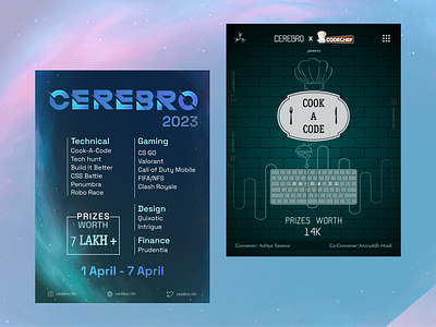 Technical Fest Posters, IIITV cerebro codechef codingevent college fest combinedpposter cook a code design events futuristic graphic design green green blue hue iiitv illustration poster technical techy vector