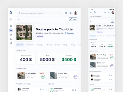 Property detail Mobile & Tablet - Proper Rent cards crm dashboard detail house housing information kpi mobile overview property responsive tablet ui