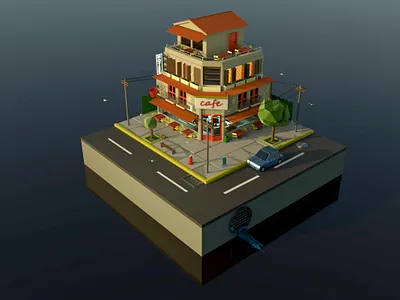 Beautiful street cafe 3d 3d graphic art cafe design gamedev graphic design house low poly props street style