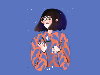 Character in a floral sweatshirt blue camomile character dots floral illustration illustrator porttrait romantic woman
