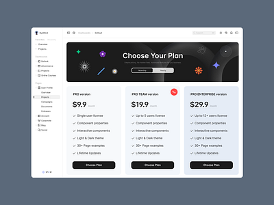 Pricing page dashboard saas design