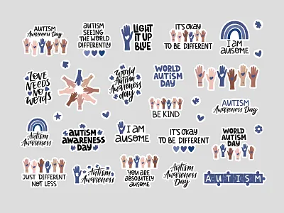 Autism Awareness Day Stickers aba art autism autistic awareness behavior blue communication day design hand drawn hand lettering illustration mental health puzzle sticker sticker pack sticker set stickers vector