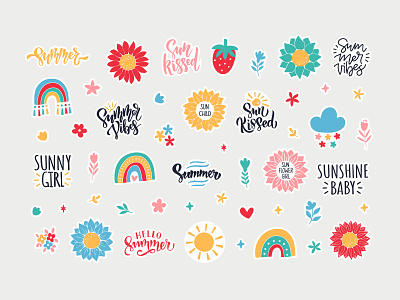 Summer Sticker Pack design flowers hand drawn illustration lettering rainbow sticker sticker pack stickers strawberry summer summer camp summertime sun sun kissed vector