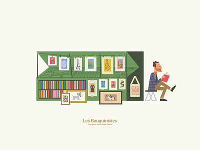 Les Bouquinistes art books characte character design colors design digital art frame happy illustration man paris print reading retro shop street vector vintage