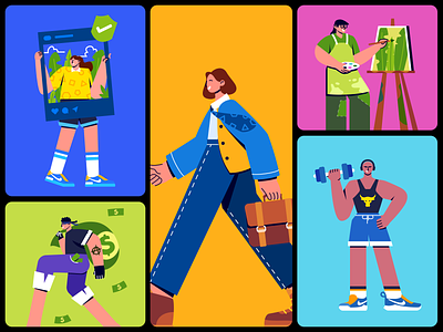 Character Activities Illustration activities activity artist character colorfull find a job flat gym illustration influencer interface people person social media thieft ui vector