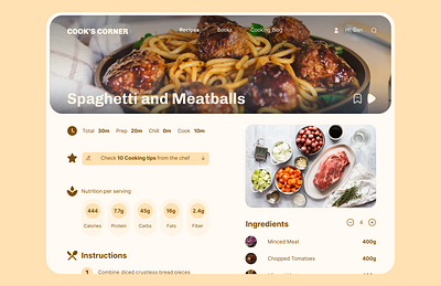 Recipe Page for Ipad Cook's Corner branding cooking design meatballs recipe ui ux web design