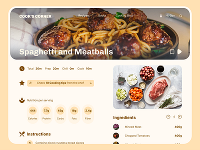 Recipe Page for Ipad Cook's Corner branding cooking design meatballs recipe ui ux web design