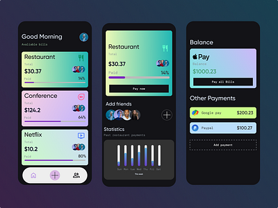 Split Bills management App UX branding clean and minimal darkmode design gradients management app material design ui user experience ux vector visual design