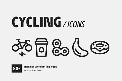 Cycling Icons / 80+ minimal, premium vector icons banana bikes biking chain coffee cycling donut ebike icons line outline vector