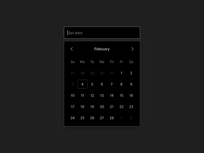 Date picker component affordance calendar calendar component component dark mode date date component date picker design system dropdown february month pop over saas signifier