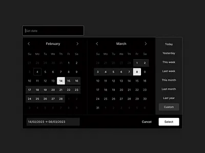 Date range component affordance calendar calendar component component dark dark mode date picker date picker component date range date range component design system saas signifier ui user interface