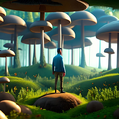 Человек в сказочном грибном лесу artist design fantasy graphic design illustration man mushrooms summer