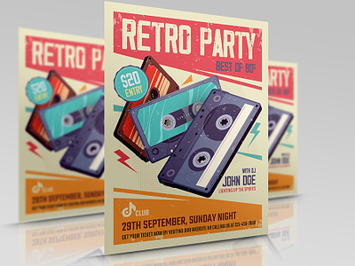 Retro Party Flyer Template business cassette corporate events flyer grunge illustration leaflet logo party poster recorder tape vintage