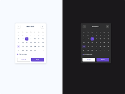 Calendar component for an app app app design calendar clean component date picker design system flat minimal sidebar ui ux