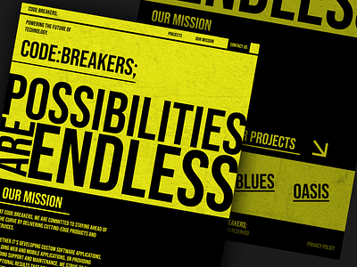 Codebreakers - Brutalism landing page web design app black bold bold design branding brutalism brutalist design graphic design hitech landing page neon style tech typography ui ux web design website yellow