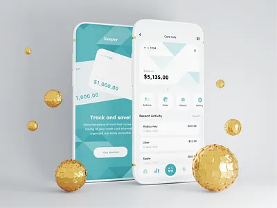 Keeper - Credit Card Tracker 3d bank blender credit card data design gold green info inspiration light mobile money shadow track tracking ui ux white