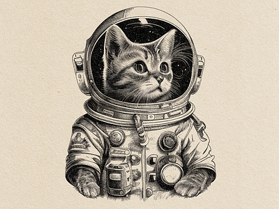 Astronaut Kitty astronaut illustration astronaut kitty black and white illustration cat illustration engraving illustration graphic design illustration pen and ink illustration vintage illustration