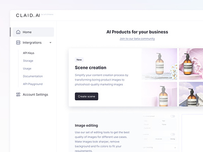 Dashboard - Claid.ai: Create beautiful converting content with A aitool branding clean dashboard design landing minimal ui user account web webapp