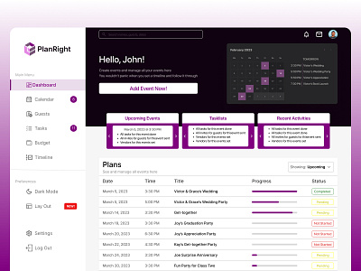 PlanRight: The Ultimate Event Planning Dashboard application dashboard logo planning ui uiux visual design web app