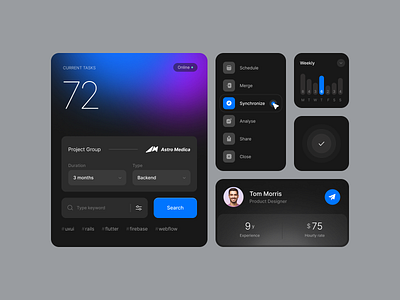 Wo-Tool - The Project & Employee Management Tool (Dark Mode) app button card cards components concept context design employee interface itcraft management menu options project tool ui user ux visuals