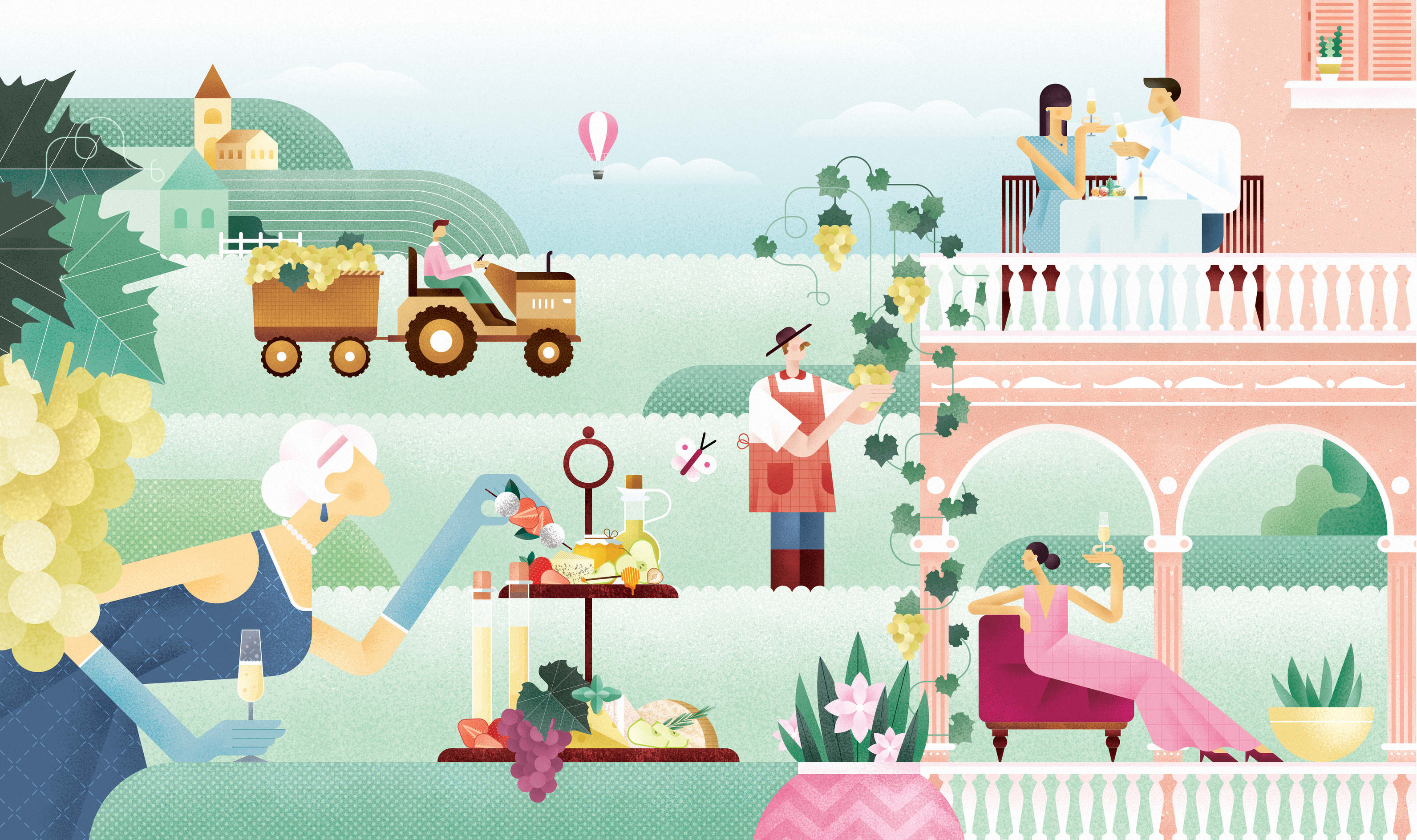 Champagne affinity designer balcony champagne character flat food grape graphic design illustration lady romantic vector wine