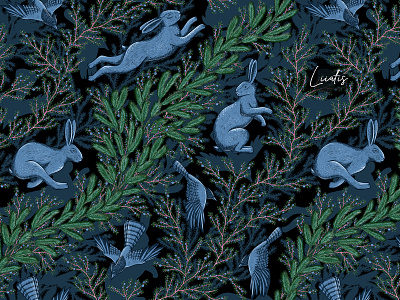 MOONLIGHT - patterns & motifs animals birds blue branding bunny decor design digital art drawing fabric design graphic design illustration pattern pattern design rabbit seamless pattern surface design textile design wallpaper winter