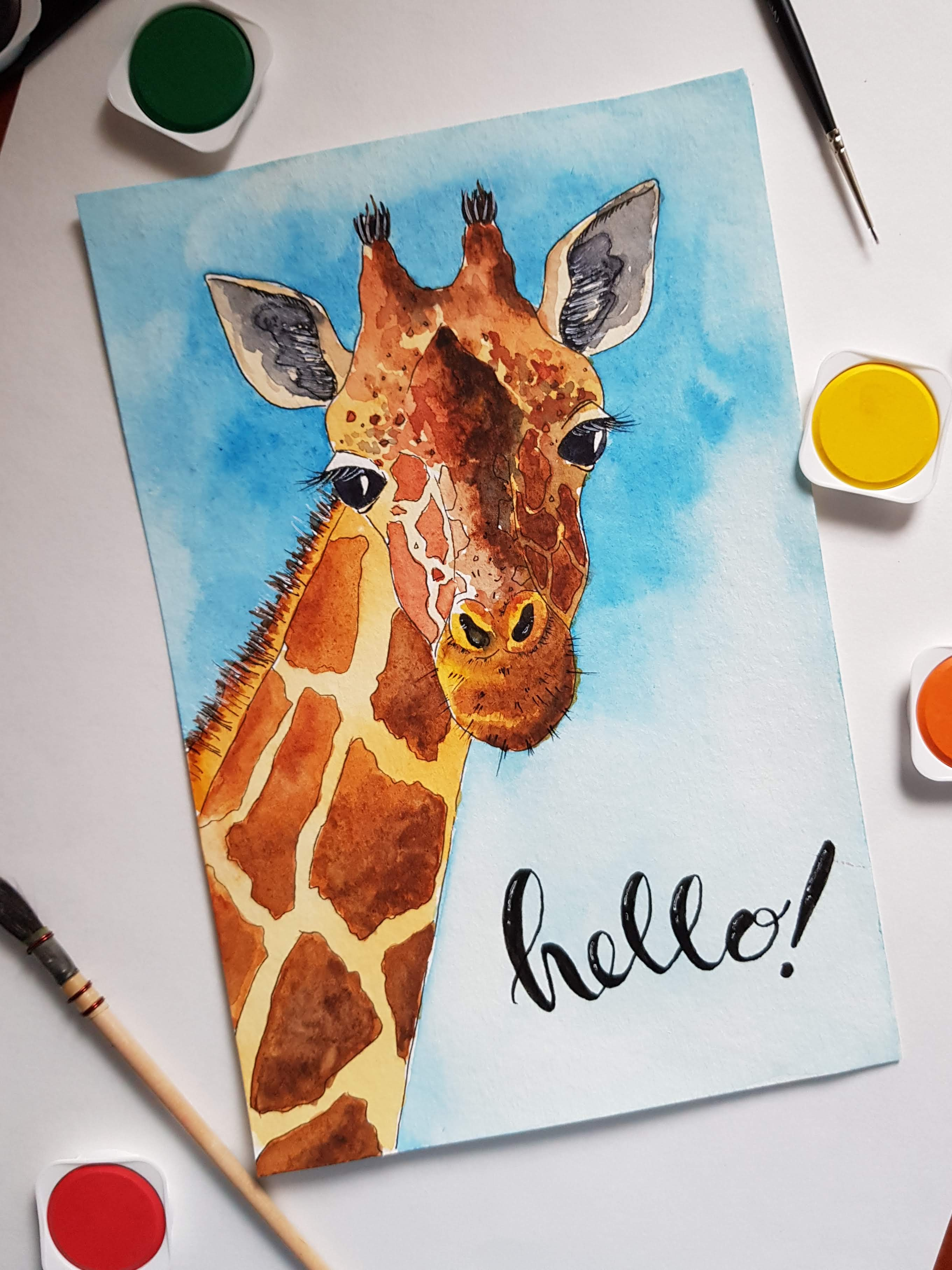 Watercolor postcard animals handmade illustration postcard watercolor