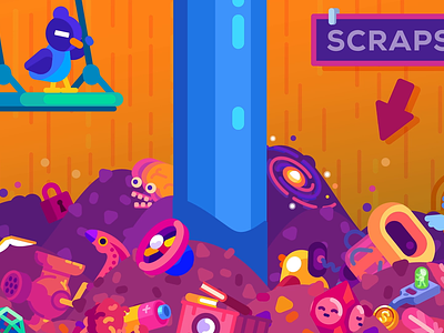 Kurzgesagt - Scraps 2d alien bird dinosaur flying galaxy kurzgesagt motion design motion graphics particles scraps stuff swing trash