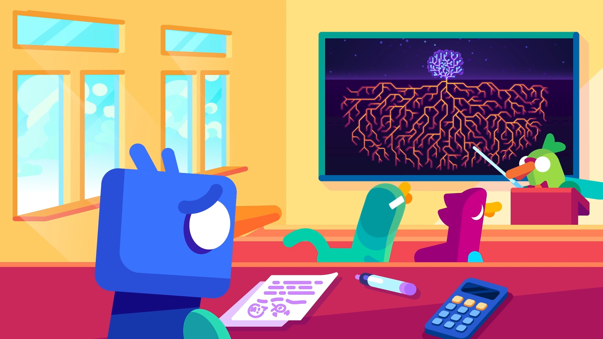 Kurzgesagt - Boring lesson 2d after effects animation bird boredom character animation class illustration lesson motion design motion graphics school sleeping students teacher whiteboard