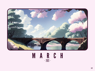 March 2023 2023 2d ai artwork bridge challenge cherry blossom clouds illustration march river sky stable diffusion trees
