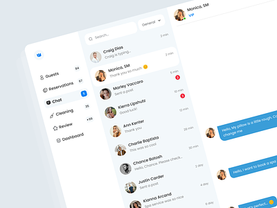 Chat - Message Dashboard call chat chatting clean community dashboard dashboard design guest hotel inbox logo messages reservation review ui ux video video call