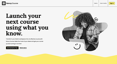 Savvy Course Landing Page black and white branding design figma landing page design sketchy landing yellow