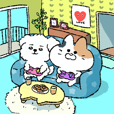 play game with my friend adorable animal anime chibi cure art cute cute animal cute art cute illustration design doggy funny game illustration kawaii lovely pop pop art popart