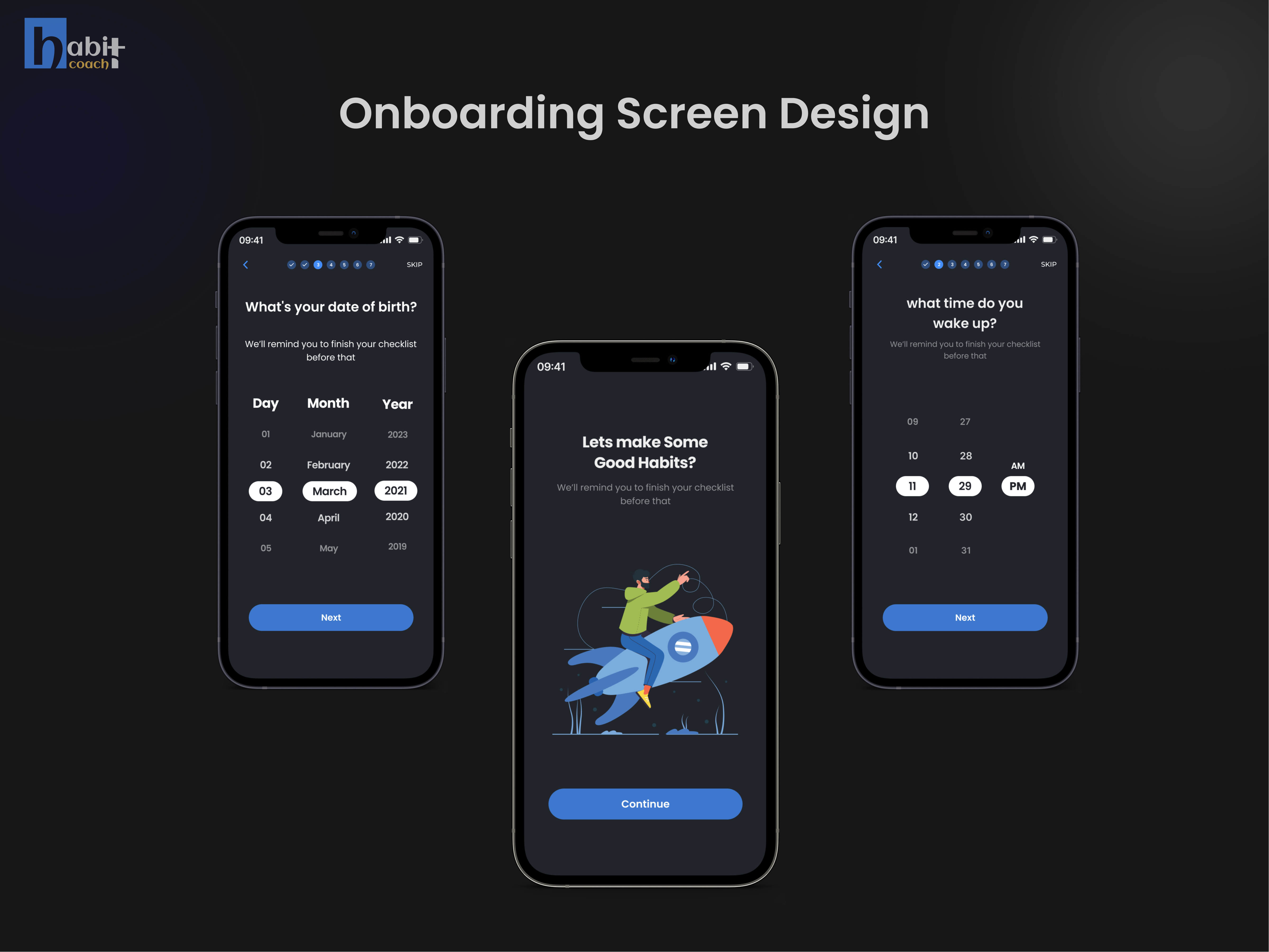 Habit Coach App Onboarding UI ai app appdesign appmockup branding design graphic design habit mobileapp modern onboarding prototype tracker typography ui ux