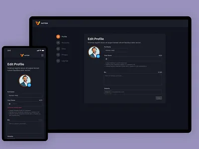 Vatom Profile (Dark Mode) app edit metaverse profile responsive ui vatom web web3