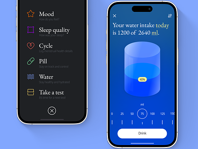 Health App Water Intake app cycle doctor fitness health healthcare ios log water medical medicine medtech mobile mobile designer mood period sport ui water water intake