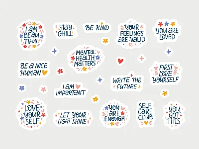 Self Care Sticker Pack design hand drawn illustration lettering mental health self care sticker sticker pack stickers vector