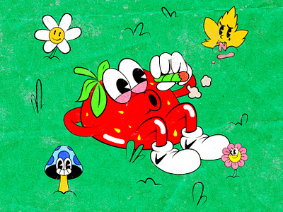 strawberry stoner 1930s berry cannabis cartoon character character chill cuphead happy illustration old cartoon old school pop culture rubber hose rubberhose smoke stoner strawberry summer vintage weed