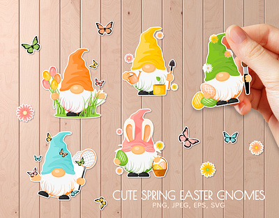 Cute Spring Easter gnomes bundle collection colorful cute gnomes design easter gnomes illustration png set spring stickers svg