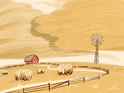 Countryside field before storm america bale barn cartoon clouds crops digital drawing environment farm fence field grass hay illustration procreate road sky storm weeds west