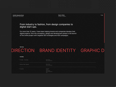 Camillo Bovio's portfolio website animation branding dark design desktop font graphic design layout motion graphics red detail responsive design typography ui ux web design website