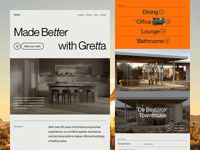 Gretta Architecture Landing Page Concept | Relume Design League architect architecture architecture projects big typography clean cta design landing page minimal orange real estate relume relumedesignleague typography ui ui design ux ux design web web design