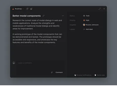 Task view modal component asana asignee buttons clickup component components dashboard design system edit icons interface linear mobile modal product design task ui ux view web design