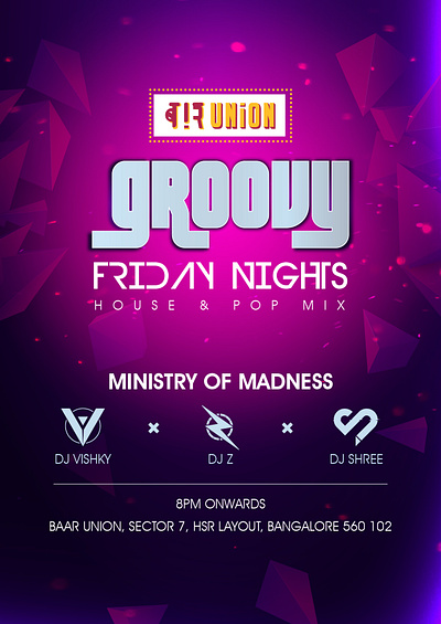 Poster Design for Event - Groovy Friday Nights for Baar Union barlogo creativelogo djlogo eventlogo eventsdesign graphicdesign logodesign maddesign posterdesign