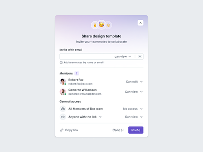 Share project modal clean emoji gradients input field invitation minimal modal modal saas pop over product design search share share modal sharing modal team users web app