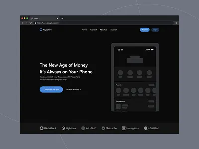 Paysphere - Landing Page (dark) bank app banking banking app credit card dark ui finance finance app financial financial app fintech fintech app investment landing landing page money money transfer savings transaction web design web finance